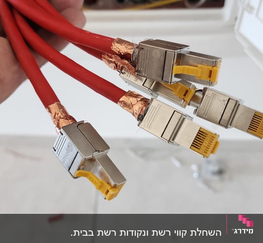 כבלים אדומים עם מחברים מתכתיים ביד טכנאי רשת